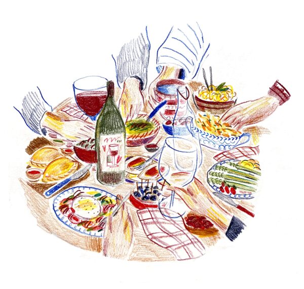 dessin d'une table avec de la nourriture et des verres de vin